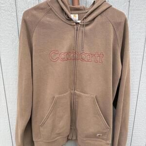 Brown Carhartt zip up hoodie with red stitching
